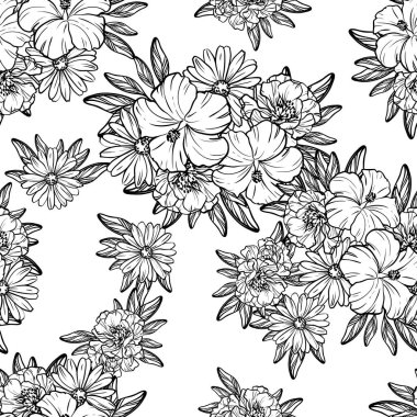 Sorunsuz vintage tarzı çiçek deseni. Kontur çiçek öğeleri