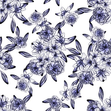 Sorunsuz vintage tarzı çiçek deseni. Kontur çiçek öğeleri