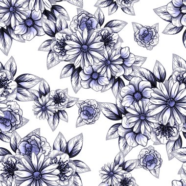Sorunsuz vintage tarzı çiçek deseni. Kontur çiçek öğeleri