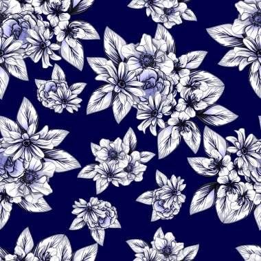 Sorunsuz vintage tarzı çiçek deseni. Kontur çiçek öğeleri