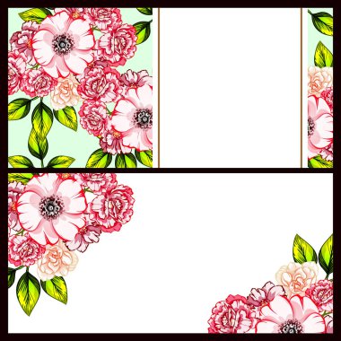 Klasik çiçek düğün kartları seti. Çiçek elementleri ve çerçeveleri.