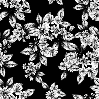 Sorunsuz vintage tarzı çiçek deseni. Kontur çiçek öğeleri