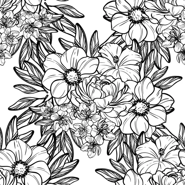 Naadloze Vintage Stijl Bloemenpatroon Floral Elementen Contour — Stockvector