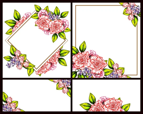 Vintage Style Flower Wedding Cards Set Floral Elements Frames — Stock Vector