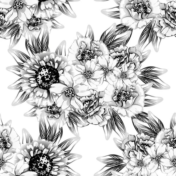 Seamless Vintage Style Flower Pattern Floral Elements Contour — Stock Vector