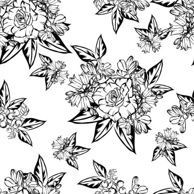 Sorunsuz vintage tarzı çiçek deseni. Kontur çiçek öğeleri