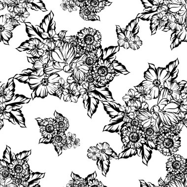 Sorunsuz vintage tarzı çiçek deseni. Kontur çiçek öğeleri