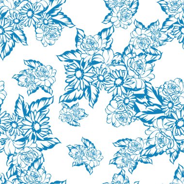 Sorunsuz vintage tarzı çiçek deseni. Kontur çiçek öğeleri