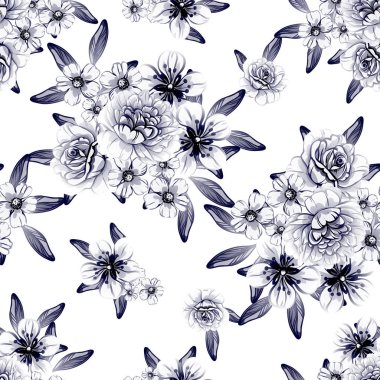 Sorunsuz vintage tarzı çiçek deseni. Kontur çiçek öğeleri