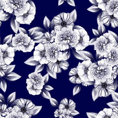 Sorunsuz vintage tarzı çiçek deseni. Kontur çiçek öğeleri