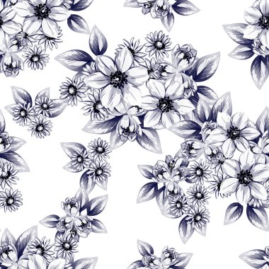 Sorunsuz vintage tarzı çiçek deseni. Kontur çiçek öğeleri