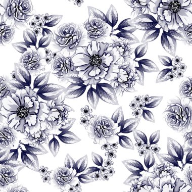 Sorunsuz vintage tarzı çiçek deseni. Kontur çiçek öğeleri