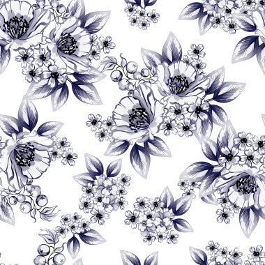 Sorunsuz vintage tarzı çiçek deseni. Kontur çiçek öğeleri