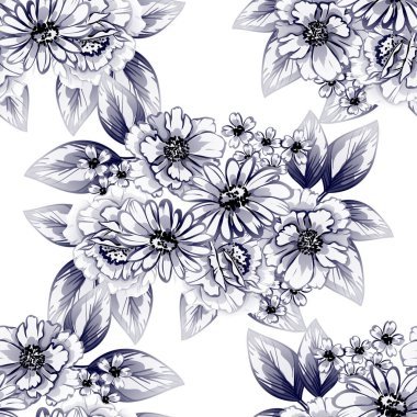 Sorunsuz vintage tarzı çiçek deseni. Kontur çiçek öğeleri