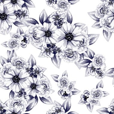 Sorunsuz vintage tarzı çiçek deseni. Kontur çiçek öğeleri