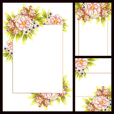 Klasik çiçek düğün kartları seti. Çiçek elementleri ve çerçeveleri.