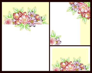 Klasik çiçek düğün kartları seti. Çiçek elementleri ve çerçeveleri.