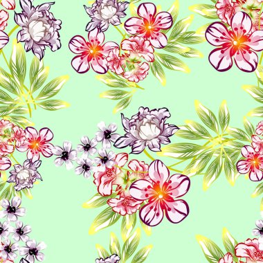 Sorunsuz vintage tarzı çiçek deseni. Kontur çiçek öğeleri