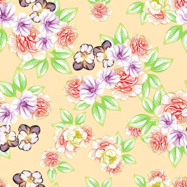 Sorunsuz vintage tarzı çiçek deseni. Kontur çiçek öğeleri