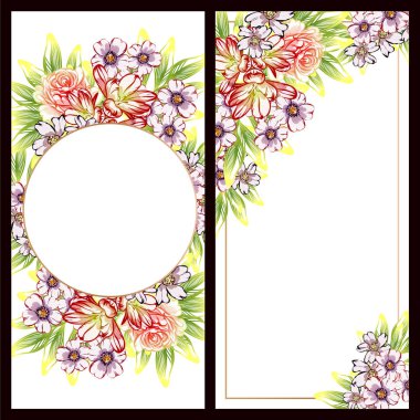 Klasik çiçek düğün kartları seti. Çiçek elementleri ve çerçeveleri.