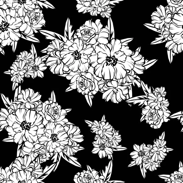 Naadloze Vintage Stijl Bloemenpatroon Floral Elementen Contour — Stockvector