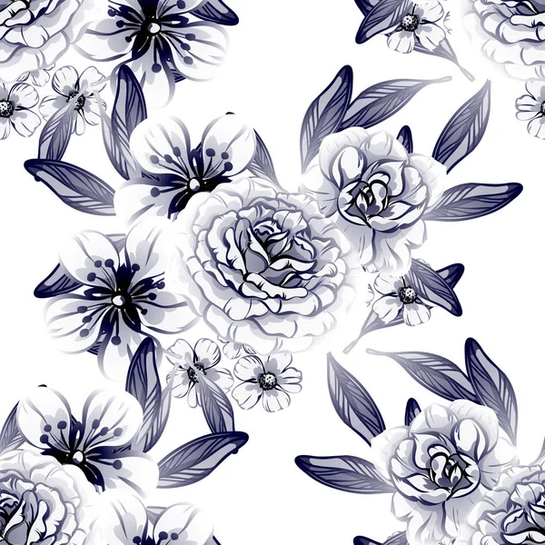 Seamless Vintage Style Flower Pattern Floral Elements Contour — Stock Vector