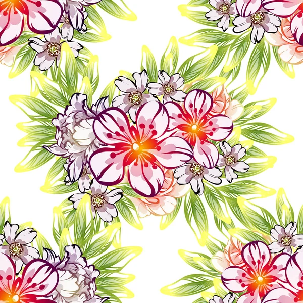 Naadloze Vintage Stijl Bloemenpatroon Floral Elementen Contour — Stockvector