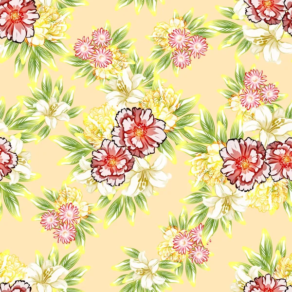 Seamless Vintage Style Flower Pattern Floral Elements Contour — Stock Vector