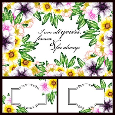 Klasik çiçek düğün kartları seti. Çiçek elementleri ve çerçeveleri.