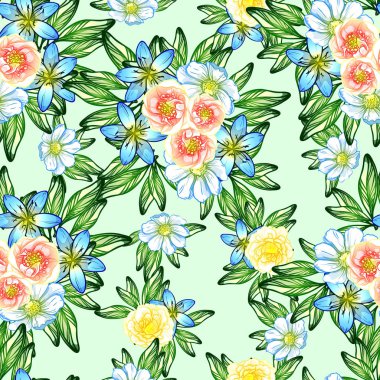 Sorunsuz vintage tarzı çiçek deseni. Renkli çiçek öğeleri