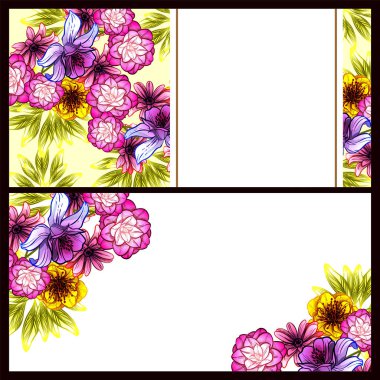 Klasik çiçek düğün kartları seti. Çiçek elementleri ve çerçeveleri.