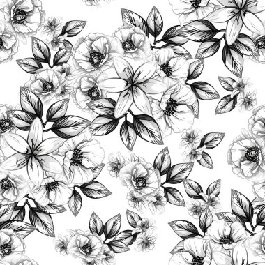 Sorunsuz vintage tarzı çiçek deseni. Kontur çiçek öğeleri