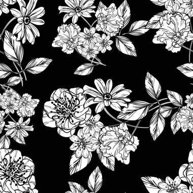 Sorunsuz vintage tarzı çiçek deseni. Kontur çiçek öğeleri