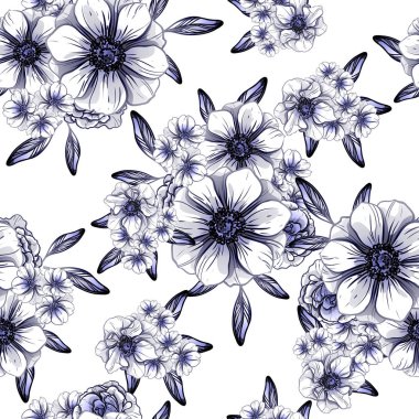 Sorunsuz vintage tarzı çiçek deseni. Kontur çiçek öğeleri