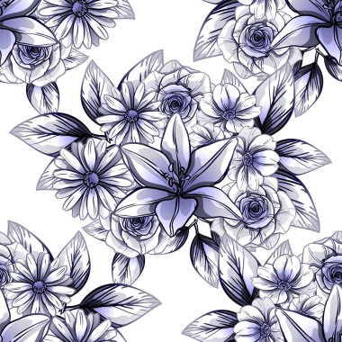 Sorunsuz vintage tarzı çiçek deseni. Kontur çiçek öğeleri