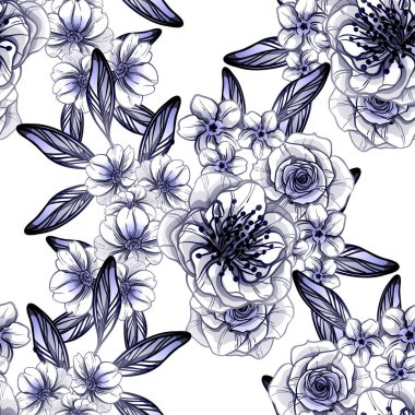 Sorunsuz vintage tarzı çiçek deseni. Kontur çiçek öğeleri