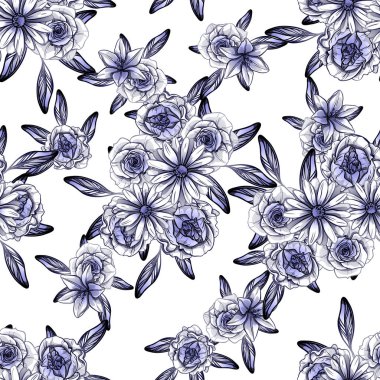 Sorunsuz vintage tarzı çiçek deseni. Kontur çiçek öğeleri