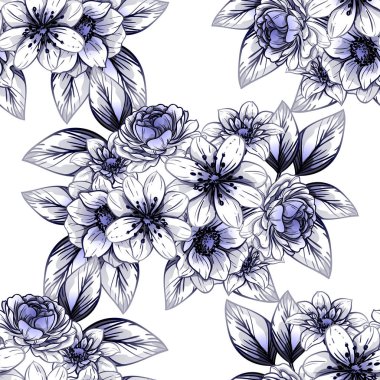 Sorunsuz vintage tarzı çiçek deseni. Kontur çiçek öğeleri