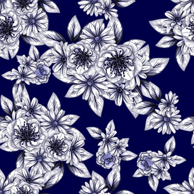 Sorunsuz vintage tarzı çiçek deseni. Kontur çiçek öğeleri