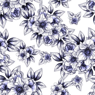 Sorunsuz vintage tarzı çiçek deseni. Kontur çiçek öğeleri