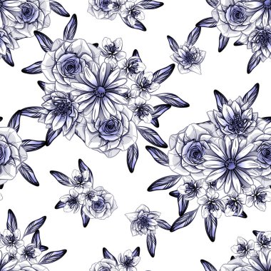 Sorunsuz vintage tarzı çiçek deseni. Kontur çiçek öğeleri