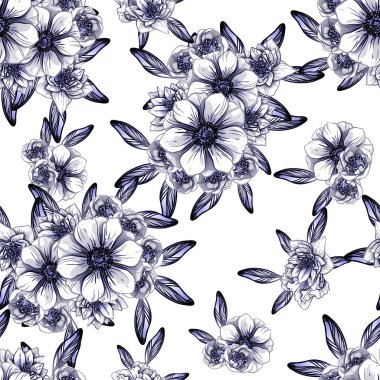 Sorunsuz vintage tarzı çiçek deseni. Kontur çiçek öğeleri