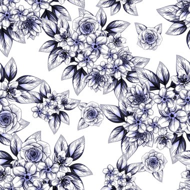 Sorunsuz vintage tarzı çiçek deseni. Kontur çiçek öğeleri