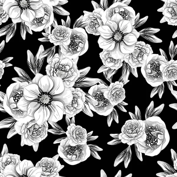 Naadloze Vintage Stijl Bloemenpatroon Floral Elementen Contour — Stockvector