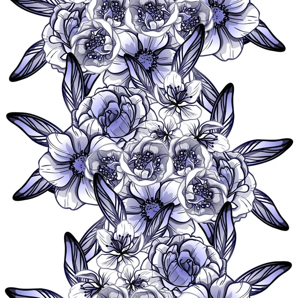 Naadloze Vintage Stijl Bloemenpatroon Floral Elementen Contour — Stockvector