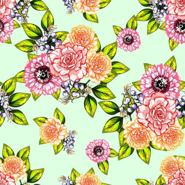 Sorunsuz vintage tarzı çiçek deseni. Renkli çiçek öğeleri