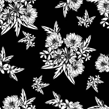 Sorunsuz vintage tarzı çiçek deseni. Siyah ve beyaz çiçek öğeleri.