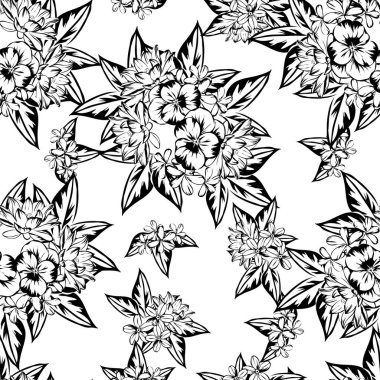 Sorunsuz vintage tarzı çiçek deseni. Siyah ve beyaz çiçek öğeleri.