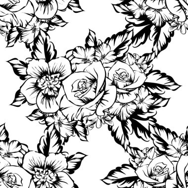 Sorunsuz vintage tarzı çiçek deseni. Siyah ve beyaz çiçek öğeleri.