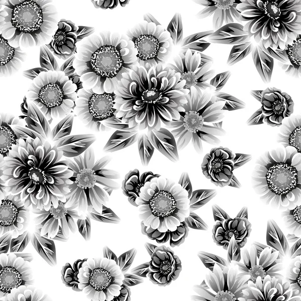 Seamless Vintage Style Flower Pattern Floral Elements Black White — Stock Vector